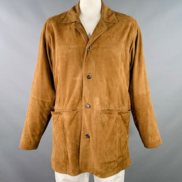 THE TERRITORY AHEAD Size L Camel Suede Single Breasted Coat - Picture 1 of 11